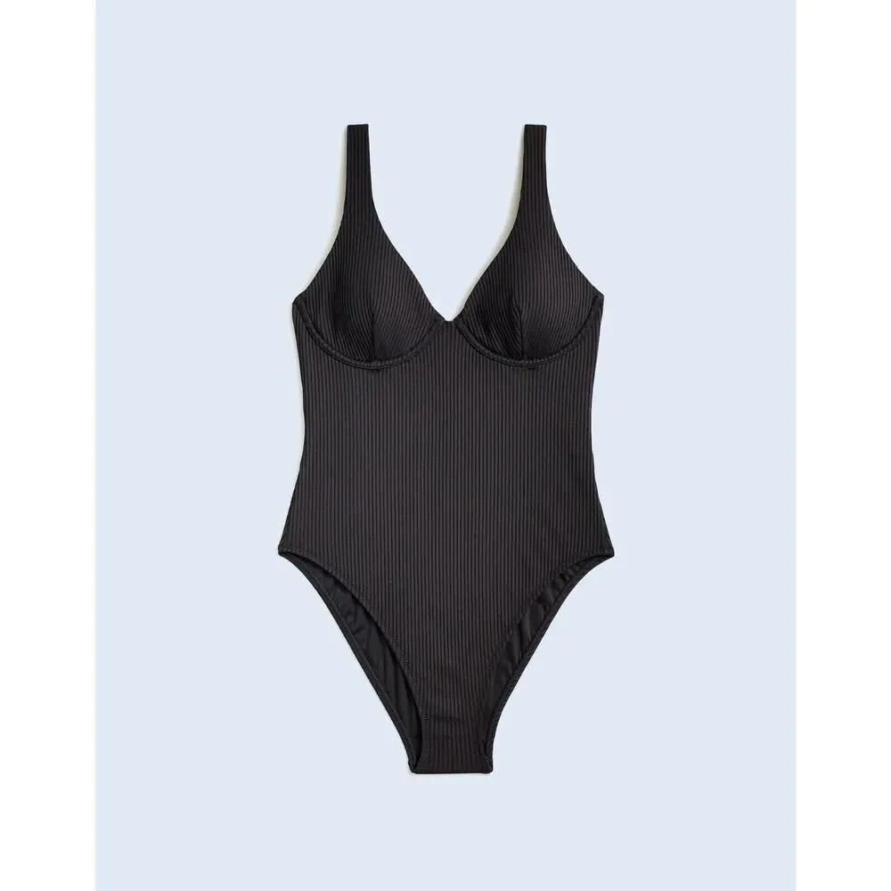 Madewell Plus Ribbed‎ Underwire Open-Back One-Piece Swimsuit 2X True Black NJ970